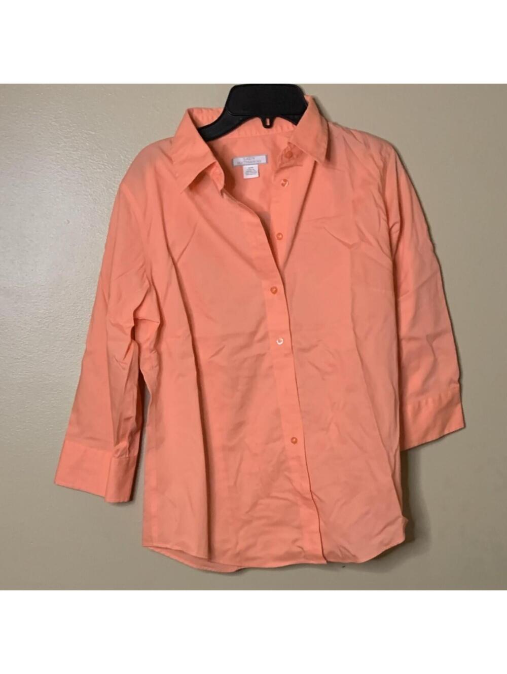 Lady Hathaway Orange Cotton Blend Button-Down Blouse M Collared 3/4 Sleeve